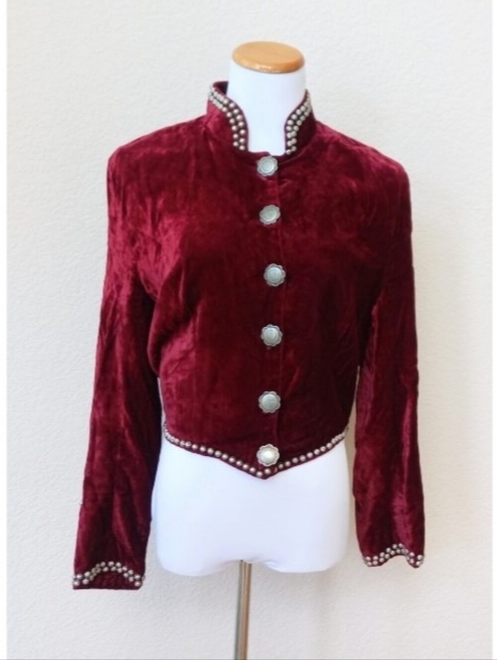 Double D Ranch burgundy velvet blazer jacket with studs and decorative buttons
